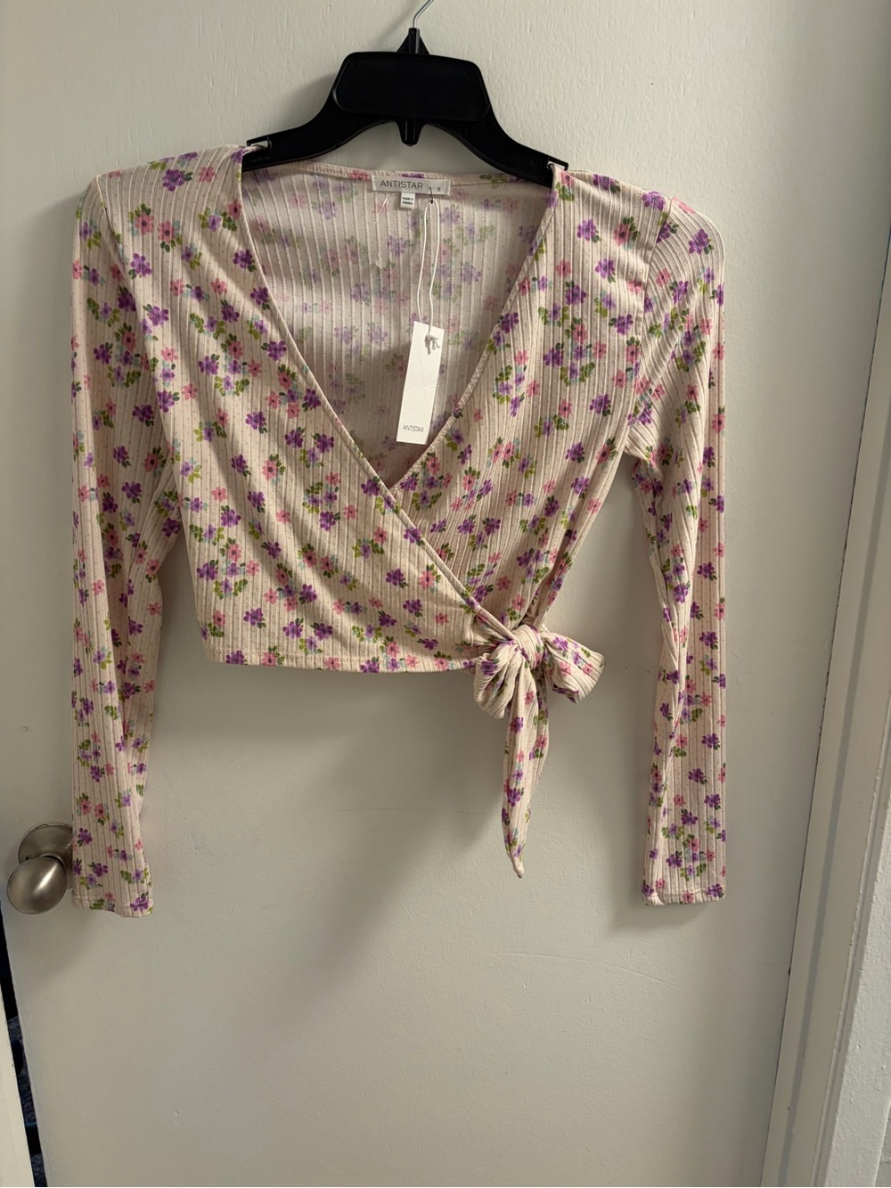 NWT Antistar Floral Ribbed Crop Wrap Top Purple Pink Long Sleeve Cardigan S